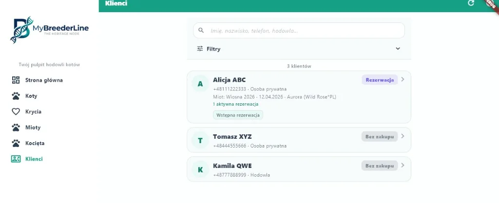 Lista klientów CRM w MyBreederLine — rezerwacje i kontakty